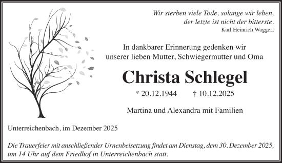 Traueranzeige von Christa Schlegel von Gelnhäuser Neue Zeitung