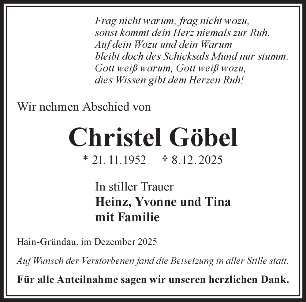  Traueranzeige für Christel Göbel vom 20.12.2025 aus Gelnhäuser Neue Zeitung