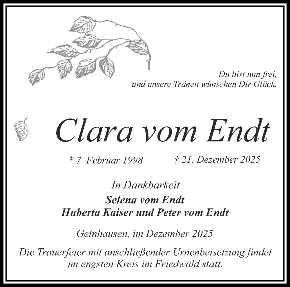 Traueranzeige für Clara vom Endt vom 23.12.2025 aus Gelnhäuser Neue Zeitung