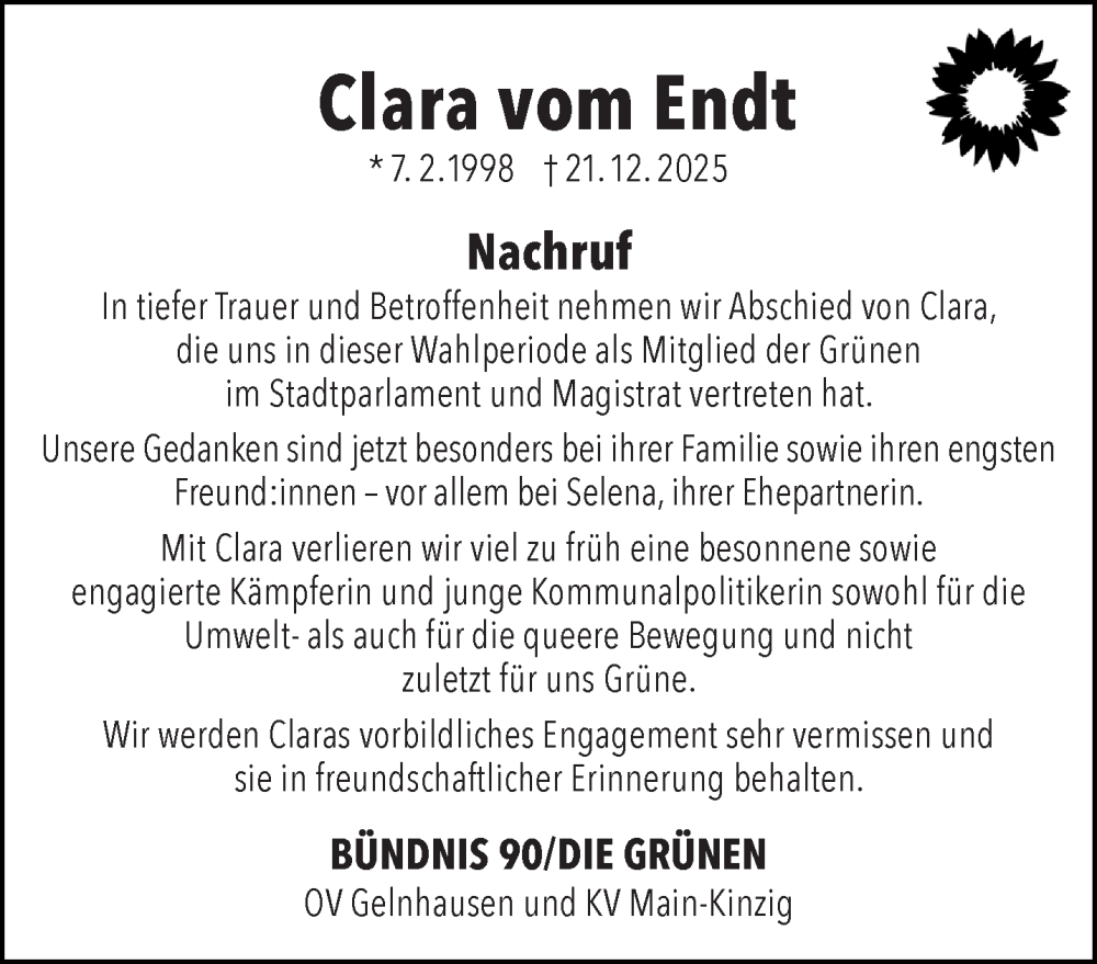  Traueranzeige für Clara vom Endt vom 30.12.2025 aus Gelnhäuser Neue Zeitung