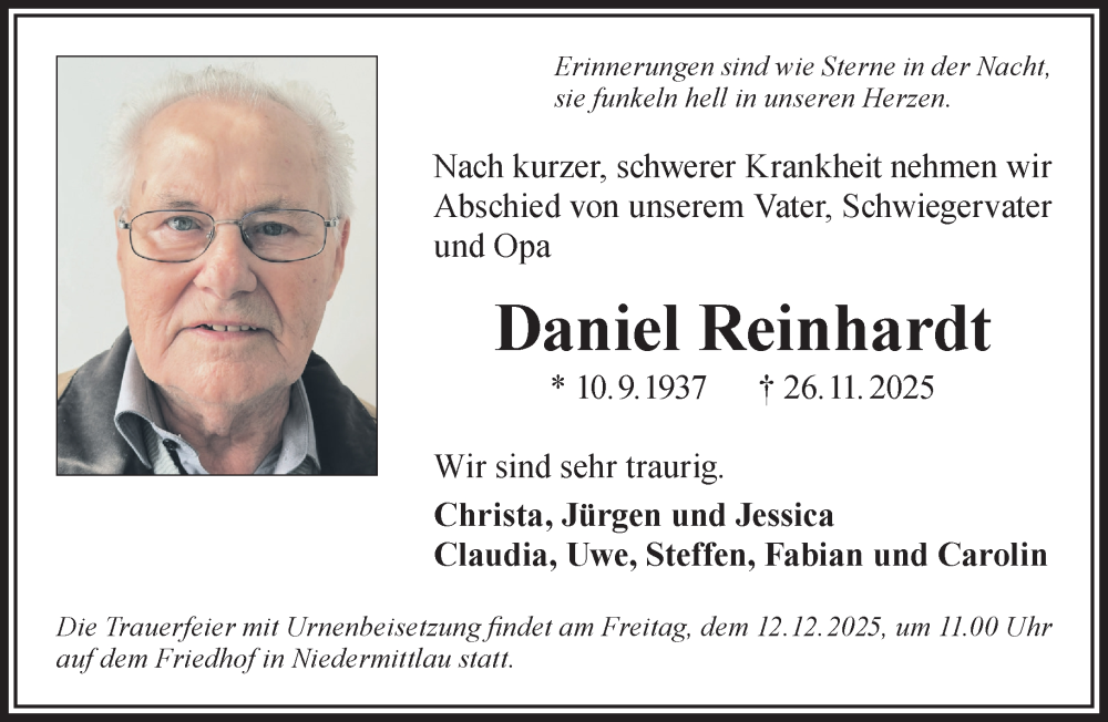  Traueranzeige für Daniel Reinhardt vom 06.12.2025 aus Gelnhäuser Neue Zeitung