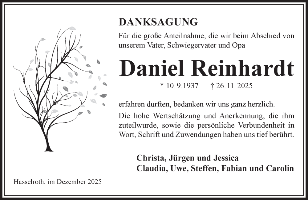  Traueranzeige für Daniel Reinhardt vom 20.12.2025 aus Gelnhäuser Neue Zeitung