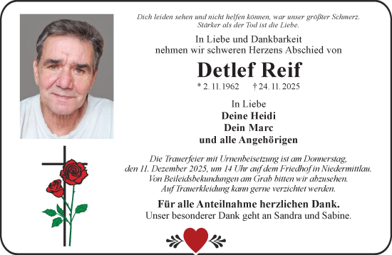 Traueranzeige von Detlef Reif von Gelnhäuser Neue Zeitung