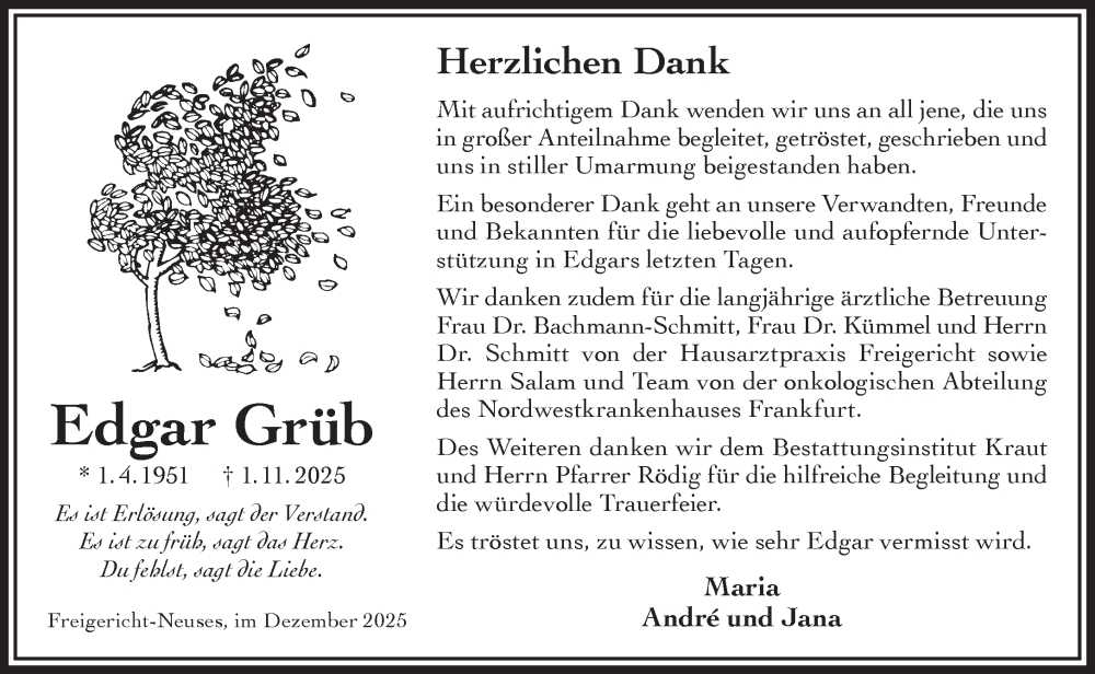  Traueranzeige für Edgar Grüb vom 13.12.2025 aus Gelnhäuser Neue Zeitung