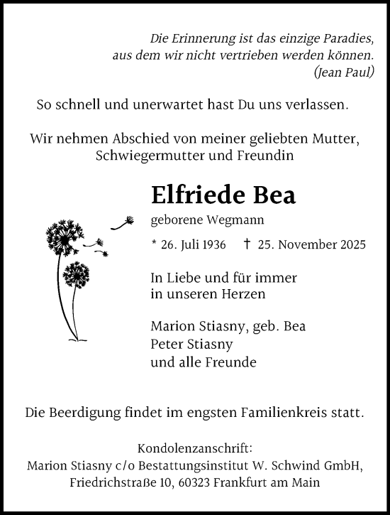 Traueranzeige von Elfriede Bea von Gelnhäuser Neue Zeitung