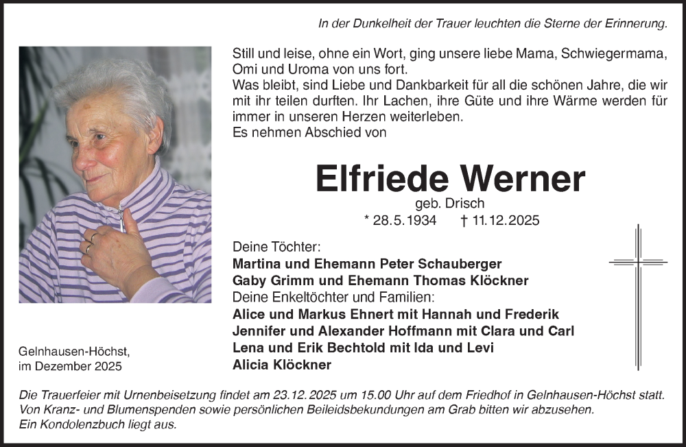  Traueranzeige für Elfriede Werner vom 20.12.2025 aus Mittelhessen-Bote