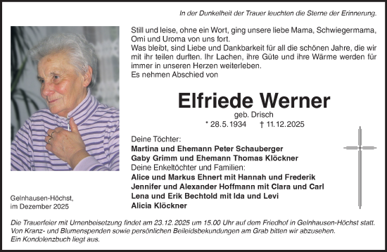 Traueranzeige von Elfriede Werner von Gelnhäuser Neue Zeitung