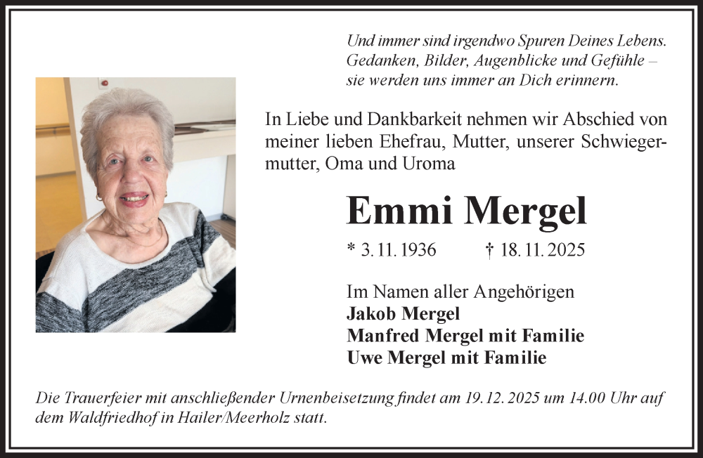  Traueranzeige für Emmi Mergel vom 06.12.2025 aus Gelnhäuser Neue Zeitung