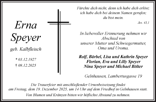 Traueranzeige von Erna Speyer von Gelnhäuser Neue Zeitung
