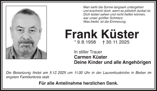 Traueranzeige von Frank Küster von Gelnhäuser Neue Zeitung