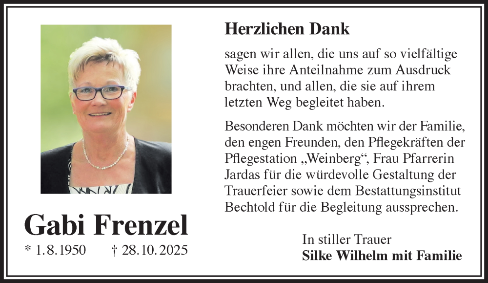  Traueranzeige für Gabi Frenzel vom 06.12.2025 aus Gelnhäuser Neue Zeitung