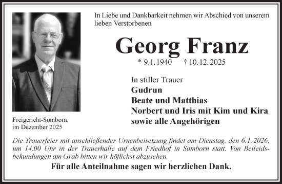 Traueranzeige von Georg Franz von Gelnhäuser Neue Zeitung