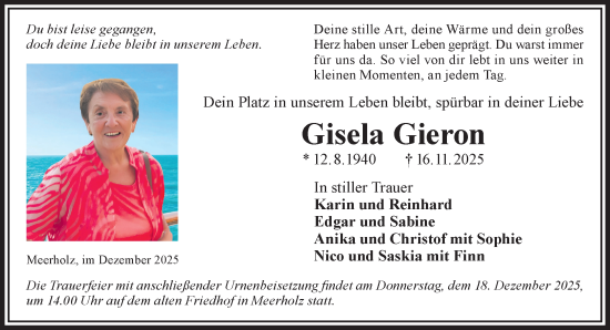 Traueranzeige von Gisela Gieron von Gelnhäuser Neue Zeitung