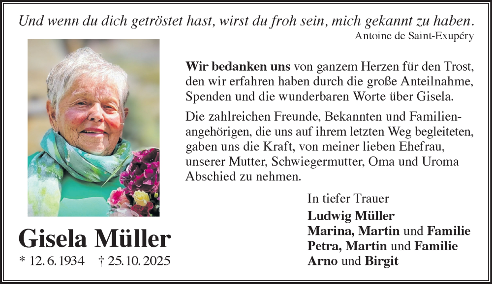  Traueranzeige für Gisela Müller vom 13.12.2025 aus Gelnhäuser Neue Zeitung