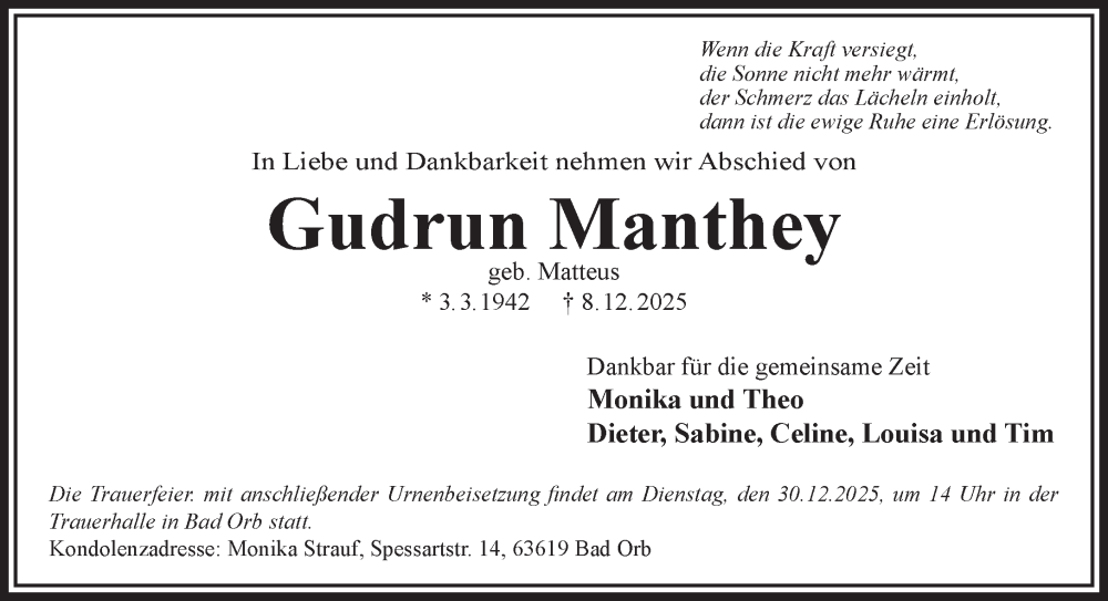  Traueranzeige für Gudrun Manthey vom 20.12.2025 aus Gelnhäuser Neue Zeitung