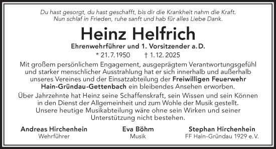 Traueranzeige von Heinz Helfrich von Gelnhäuser Neue Zeitung