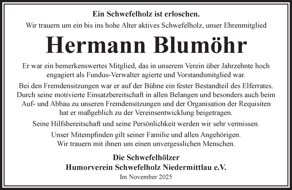  Traueranzeige für Hermann Blumöhr vom 06.12.2025 aus Mittelhessen-Bote