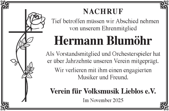 Traueranzeige von Hermann Blumöhr von Mittelhessen-Bote