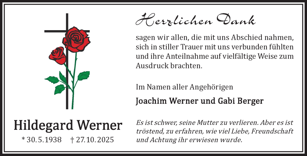  Traueranzeige für Hildegard Werner vom 06.12.2025 aus Gelnhäuser Neue Zeitung