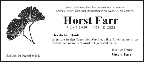 Traueranzeige von Horst Farr von Gelnhäuser Neue Zeitung