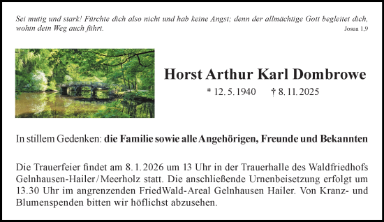 Traueranzeige von Horst Arthur Karl Dombrowe von Gelnhäuser Neue Zeitung