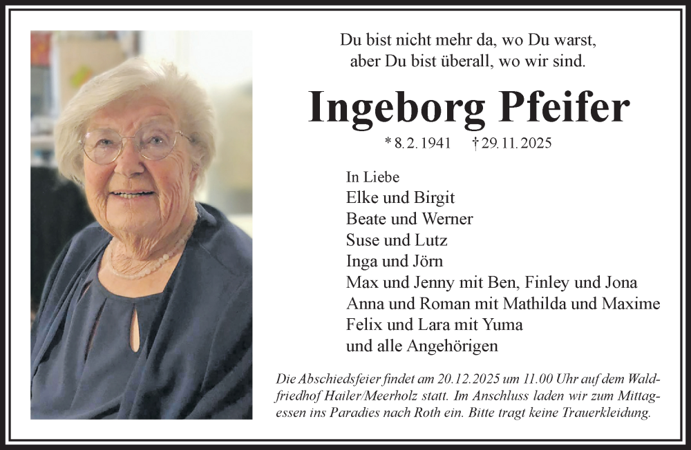 Traueranzeige für Ingeborg Pfeifer vom 13.12.2025 aus Gelnhäuser Neue Zeitung