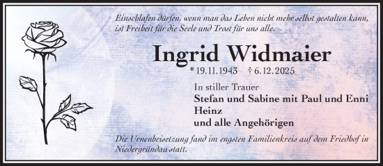 Traueranzeige von Ingrid Widmaier von Gelnhäuser Neue Zeitung
