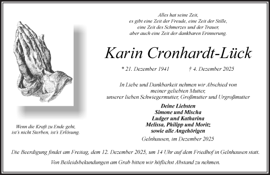 Traueranzeige von Karin Cronhardt-Lück von Gelnhäuser Neue Zeitung