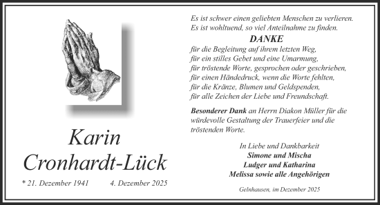 Traueranzeige von Karin Cronhardt-Lück von Gelnhäuser Neue Zeitung