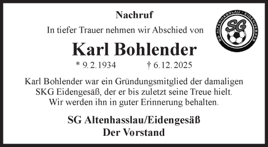 Traueranzeige von Karl Bohlender von Gelnhäuser Neue Zeitung