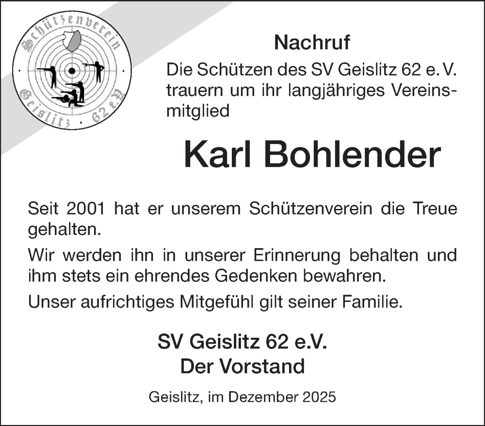  Traueranzeige für Karl Bohlender vom 20.12.2025 aus Gelnhäuser Neue Zeitung