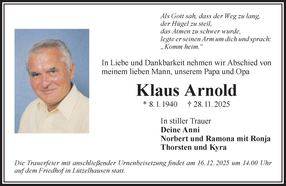  Traueranzeige für Klaus Arnold vom 13.12.2025 aus Gelnhäuser Neue Zeitung