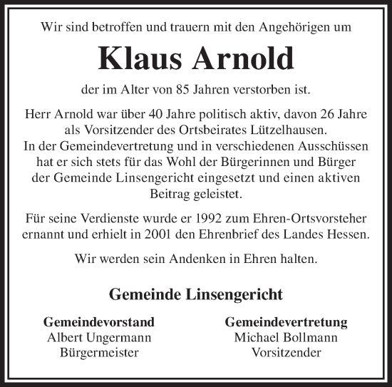 Traueranzeige von Klaus Arnold von Gelnhäuser Neue Zeitung