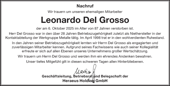 Traueranzeige von Leonardo Del Grosso von Gelnhäuser Neue Zeitung
