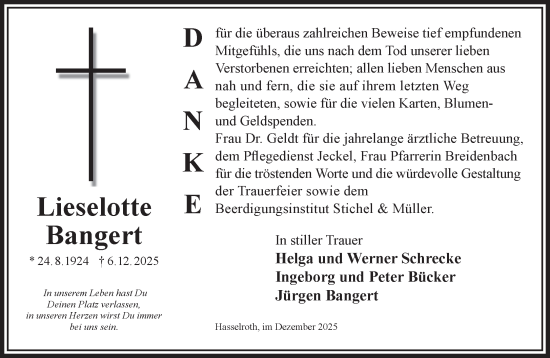 Traueranzeige von Lieselotte Bangert von Gelnhäuser Neue Zeitung