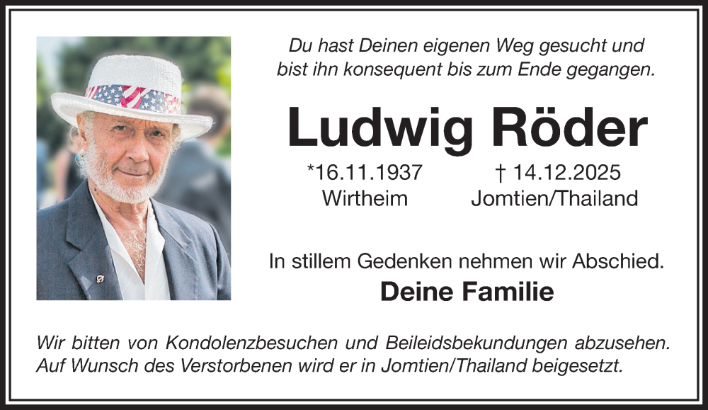  Traueranzeige für Ludwig Röder vom 20.12.2025 aus Gelnhäuser Neue Zeitung