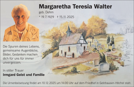 Traueranzeige von Margaretha Teresia Walter von Gelnhäuser Neue Zeitung