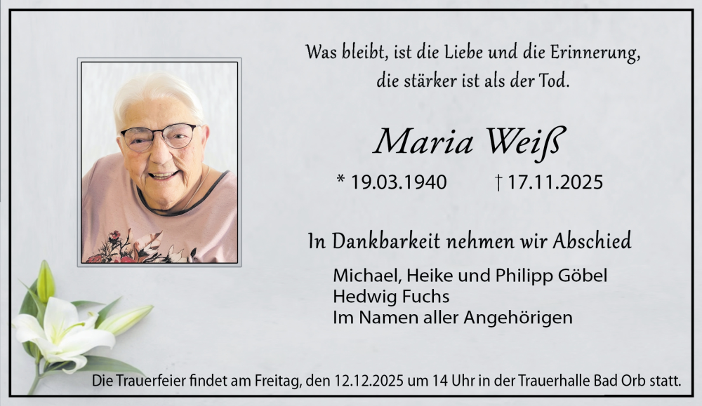  Traueranzeige für Maria Weiß vom 06.12.2025 aus Gelnhäuser Neue Zeitung