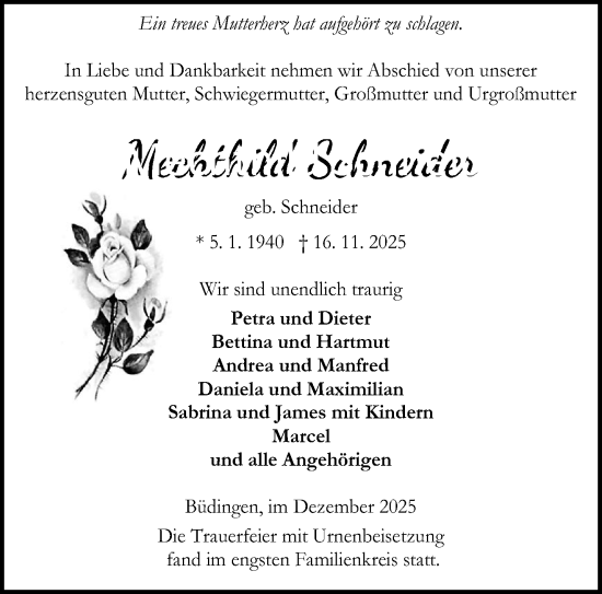 Traueranzeige von Mechthild Schneider von Mittelhessen-Bote