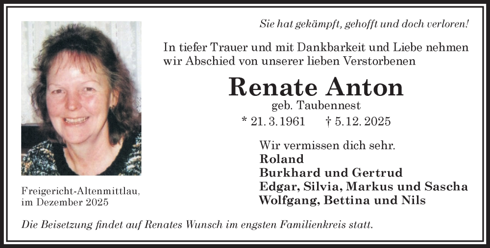  Traueranzeige für Renate Anton vom 20.12.2025 aus Gelnhäuser Neue Zeitung