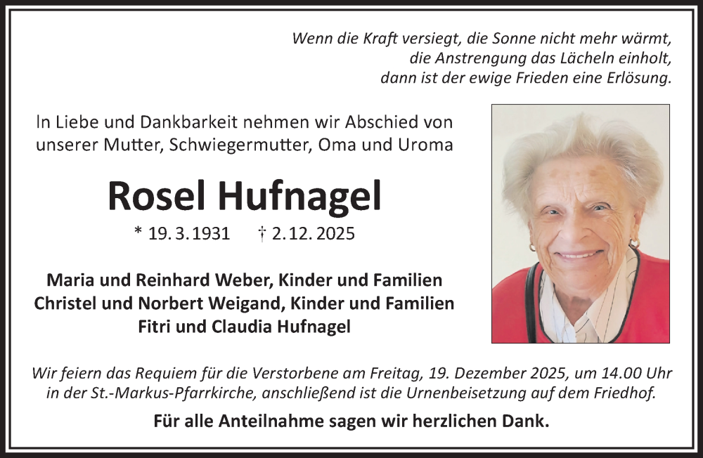  Traueranzeige für Rosel Hufnagel vom 13.12.2025 aus Gelnhäuser Neue Zeitung