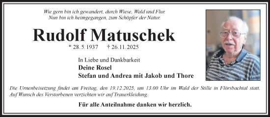 Traueranzeige von Rudolf Matuschek von Gelnhäuser Neue Zeitung