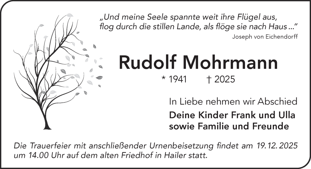  Traueranzeige für Rudolf Mohrmann vom 13.12.2025 aus Gelnhäuser Neue Zeitung