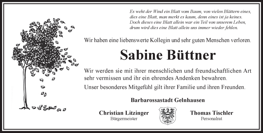  Traueranzeige für Sabine Büttner vom 20.12.2025 aus Gelnhäuser Neue Zeitung