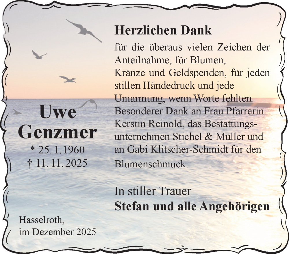  Traueranzeige für Uwe Genzmer vom 20.12.2025 aus Gelnhäuser Neue Zeitung