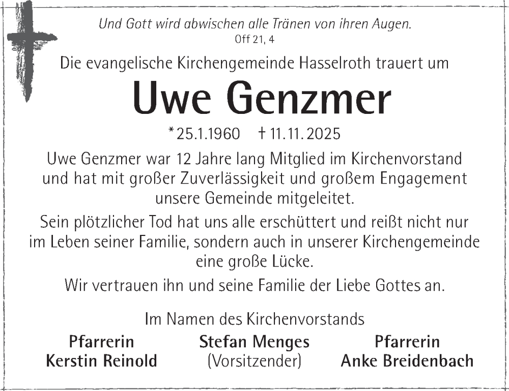  Traueranzeige für Uwe Genzmer vom 13.12.2025 aus Gelnhäuser Neue Zeitung