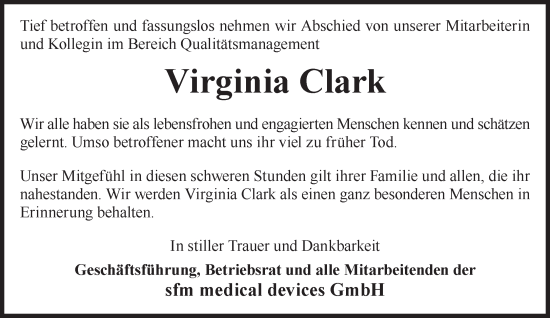 Traueranzeige von Virginia Clark von Gelnhäuser Neue Zeitung