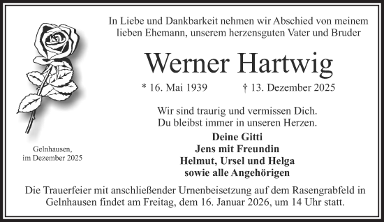 Traueranzeige von Werner Hartwig von Gelnhäuser Neue Zeitung
