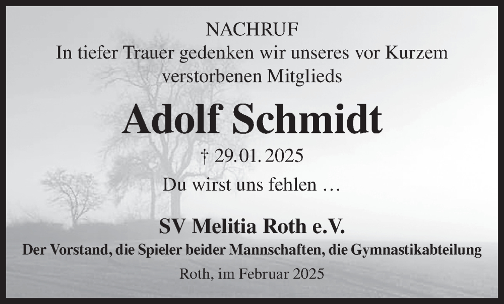  Traueranzeige für Adolf Schmidt vom 15.02.2025 aus Gelnhäuser Neue Zeitung