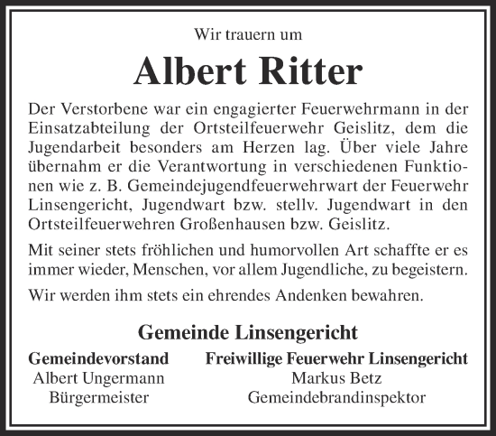 Traueranzeige von Albert Ritter von Gelnhäuser Neue Zeitung